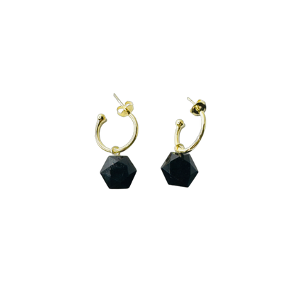 Natural Stone Obsidiana Negra (Black Obsidian) Hoop Earring - Gold Plated