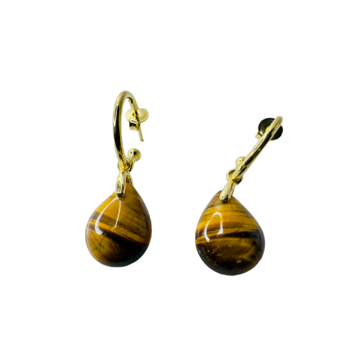 Natural Stone Olho de Tigre (Tiger's Eye) Hoop Earring - Gold Plated