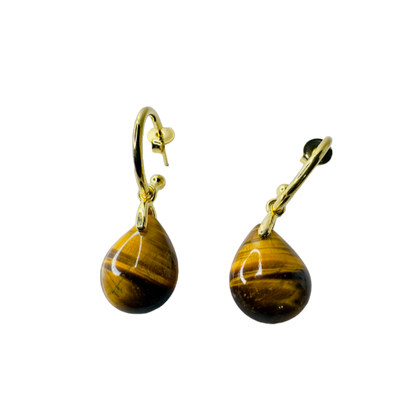 Natural Stone Olho de Tigre (Tiger's Eye) Hoop Earring - Gold Plated