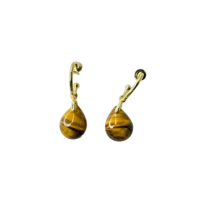 Natural Stone Olho de Tigre (Tiger's Eye) Hoop Earring - Gold Plated