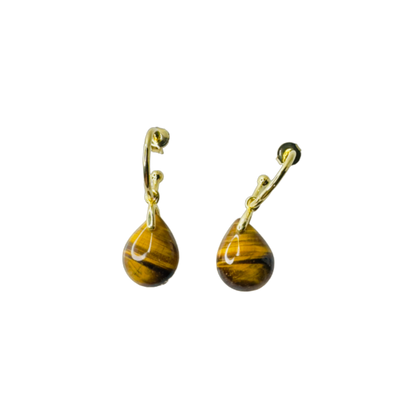 Natural Stone Olho de Tigre (Tiger's Eye) Hoop Earring - Gold Plated