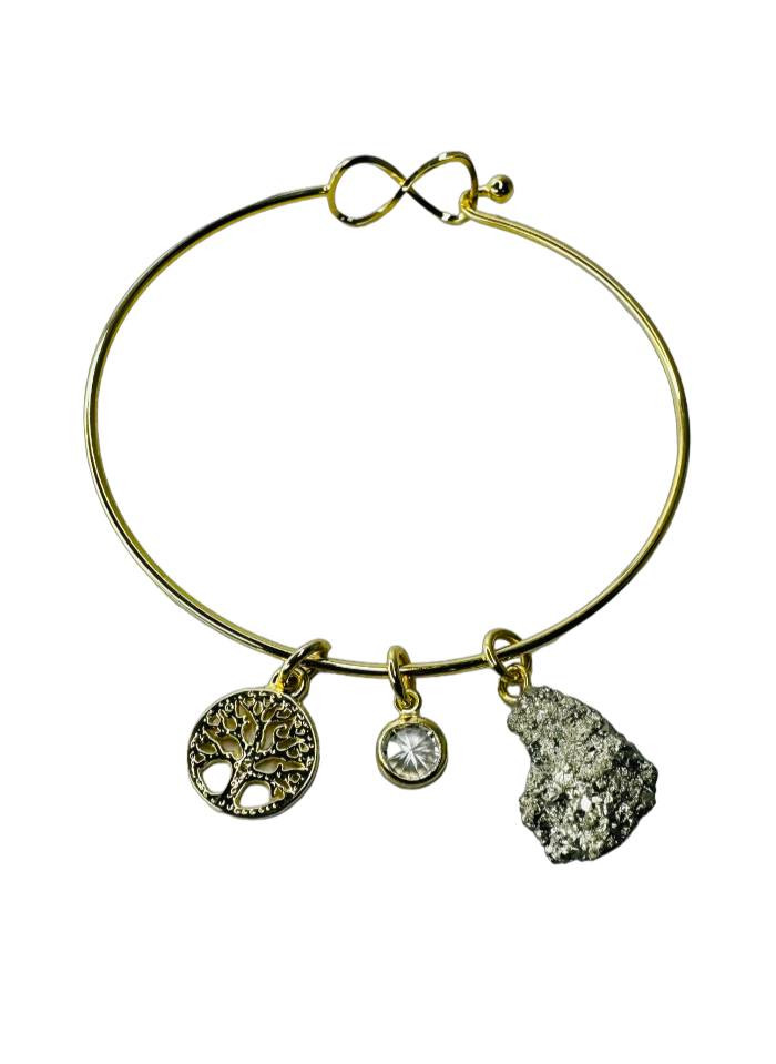 Natural Stone Trio Bracelet - Pirita (Pyrite), Zirconia Ponto de Luz (Zircone Point of Light) & Árvore da Vida (Tree of life) charm - Gold Plated