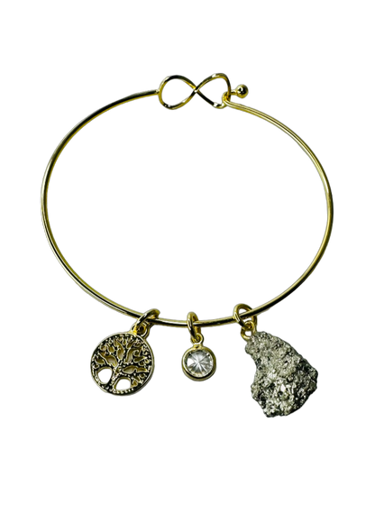 Natural Stone Trio Bracelet - Pirita (Pyrite), Zirconia Ponto de Luz (Zircone Point of Light) & Árvore da Vida (Tree of life) charm - Gold Plated