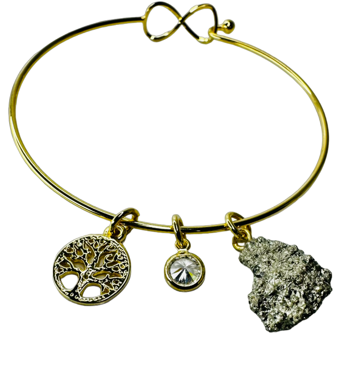 Natural Stone Trio Bracelet - Pirita (Pyrite), Zirconia Ponto de Luz (Zircone Point of Light) & Árvore da Vida (Tree of life) charm - Gold Plated