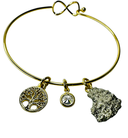 Natural Stone Trio Bracelet - Pirita (Pyrite), Zirconia Ponto de Luz (Zircone Point of Light) & Árvore da Vida (Tree of life) charm - Gold Plated