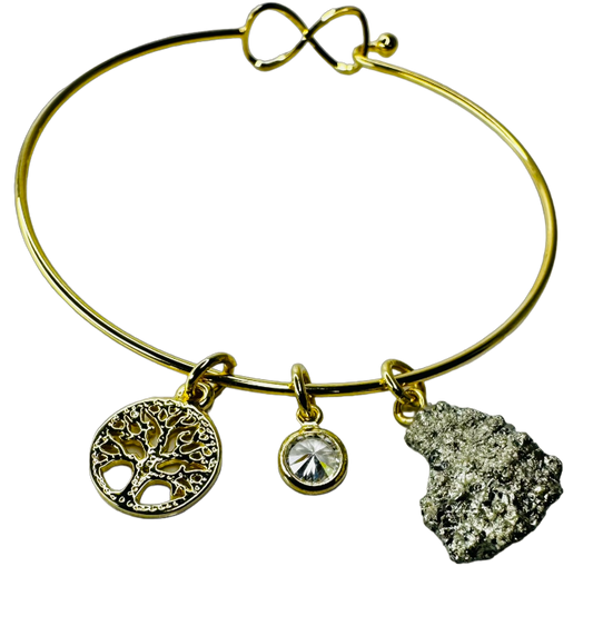 Natural Stone Trio Bracelet - Pirita (Pyrite), Zirconia Ponto de Luz (Zircone Point of Light) & Árvore da Vida (Tree of life) charm - Gold Plated