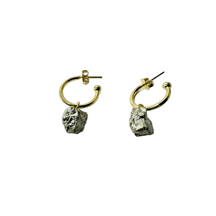 Natural Stone Pirita (Pyrite) Hoop Earring - Gold Plated