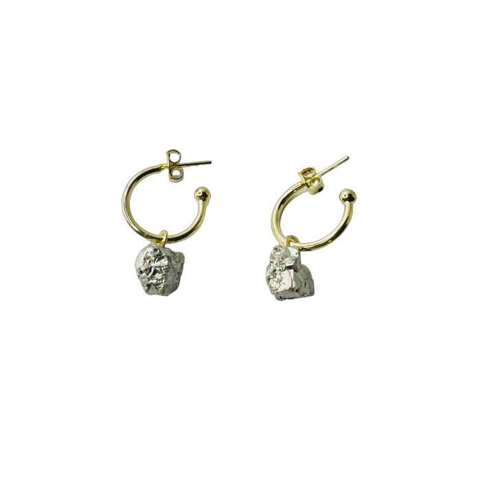 Natural Stone Pirita (Pyrite) Hoop Earring - Gold Plated