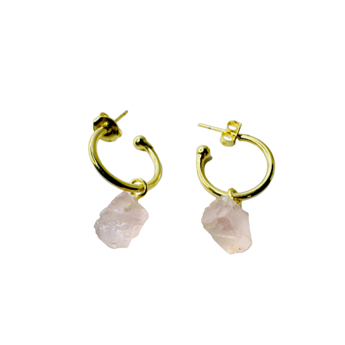 Natural Stone Quartzo Rosa Rústico (Rustic Rose Quartz) Hoop Earring - Gold Plated