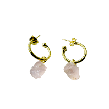 Natural Stone Quartzo Rosa Rústico (Rustic Rose Quartz) Hoop Earring - Gold Plated