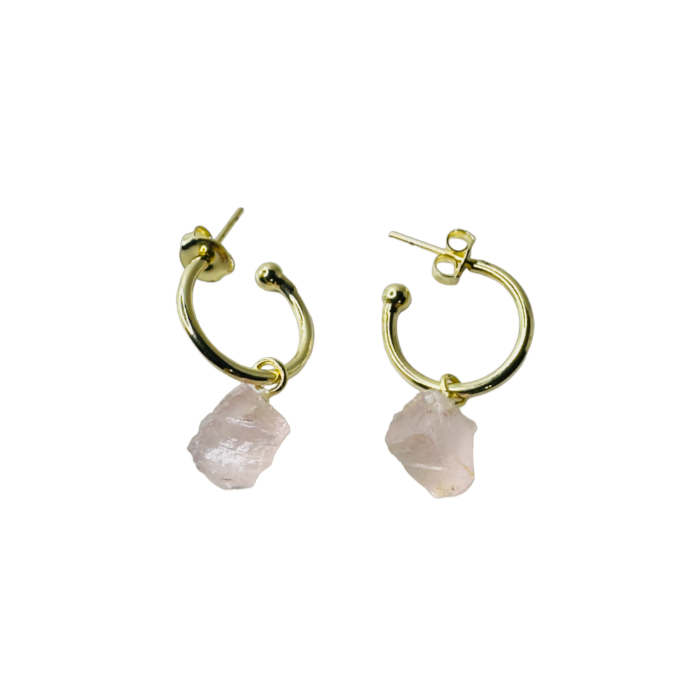 Natural Stone Quartzo Rosa Rústico (Rustic Rose Quartz) Hoop Earring - Gold Plated