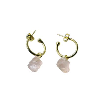 Natural Stone Quartzo Rosa Rústico (Rustic Rose Quartz) Hoop Earring - Gold Plated