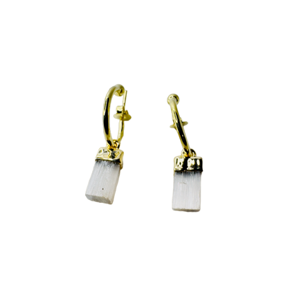 Natural Stone Selenita Branca (White Selenite) Hoop Earring - Gold Plated