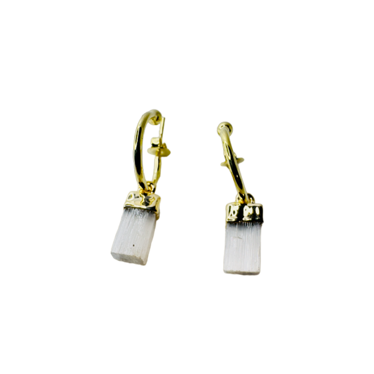 Natural Stone Selenita Branca (White Selenite) Hoop Earring - Gold Plated