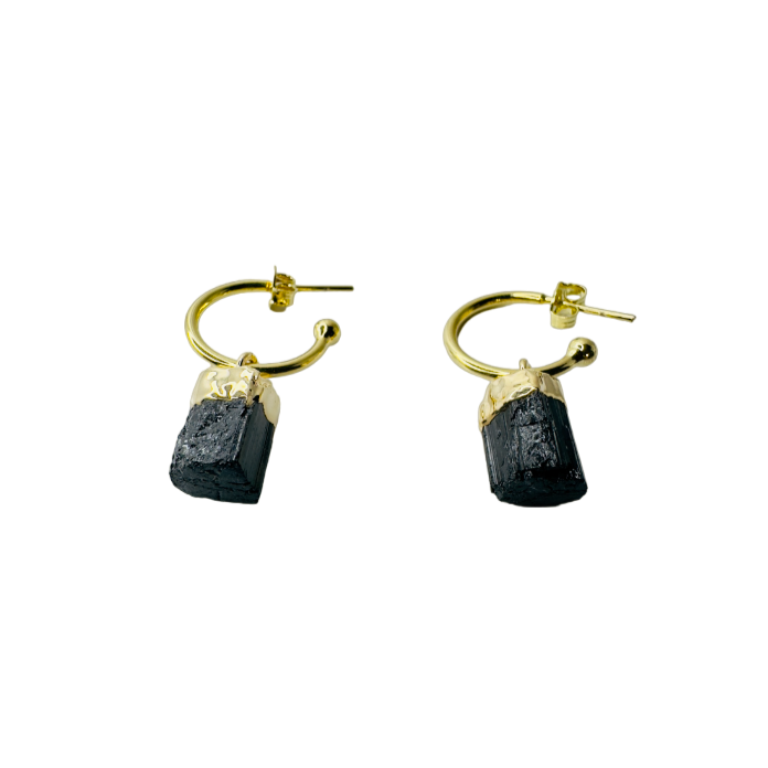 Natural Stone Turmalina Negra (Black Tourmaline) Hoop Earring - Gold Plated