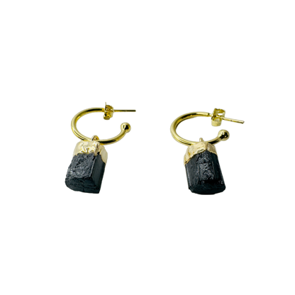 Natural Stone Turmalina Negra (Black Tourmaline) Hoop Earring - Gold Plated