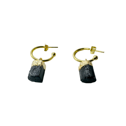 Natural Stone Turmalina Negra (Black Tourmaline) Hoop Earring - Gold Plated