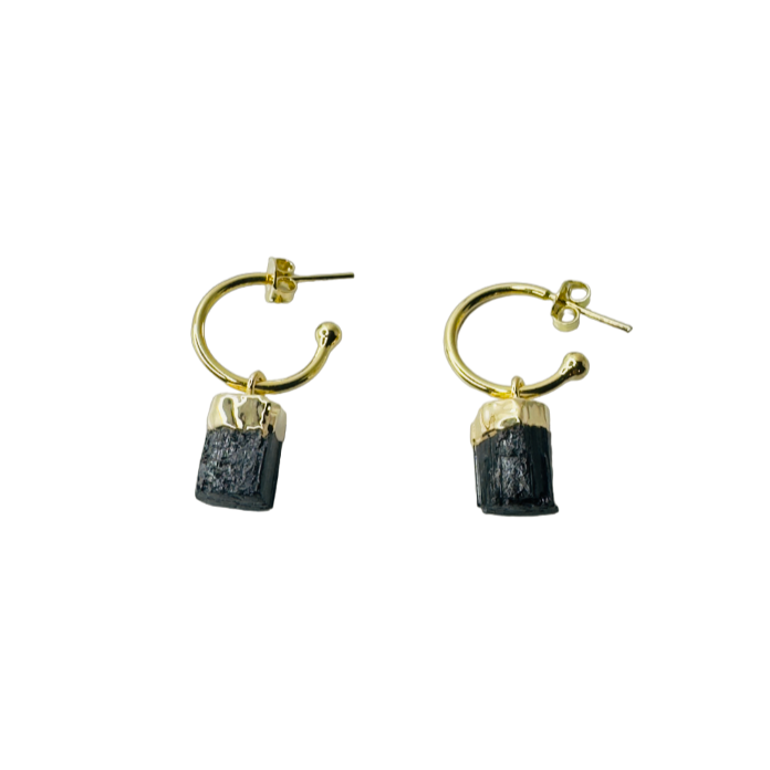 Natural Stone Turmalina Negra (Black Tourmaline) Hoop Earring - Gold Plated