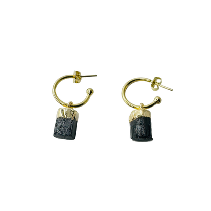 Natural Stone Turmalina Negra (Black Tourmaline) Hoop Earring - Gold Plated