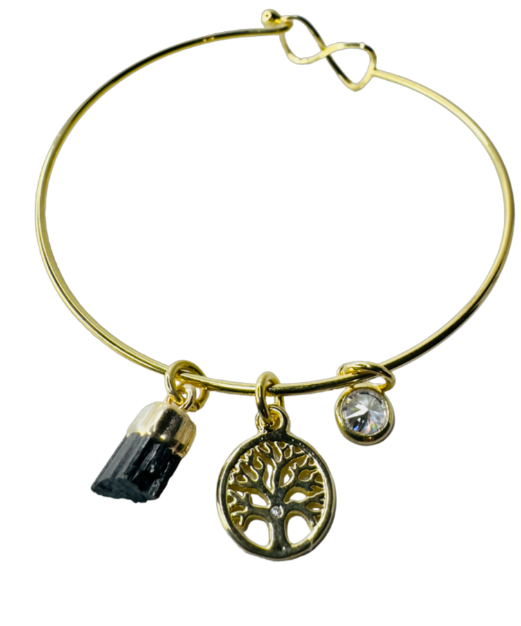 Natural Stone Trio Bracelet - Turmalina Negra (Black Tourmaline), Zirconia Ponto de Luz (Zirconia Point of Light) & Árvore da Vida (Tree of life) charm - Gold Plated