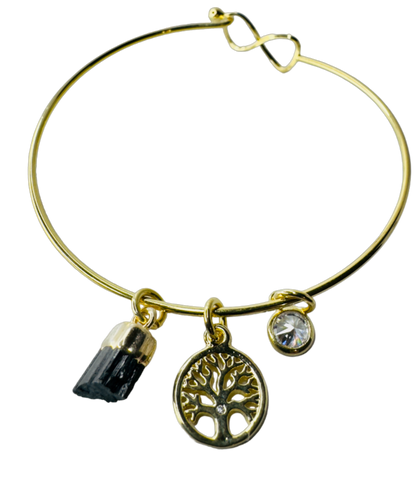 Natural Stone Trio Bracelet - Turmalina Negra (Black Tourmaline), Zirconia Ponto de Luz (Zirconia Point of Light) & Árvore da Vida (Tree of life) charm - Gold Plated