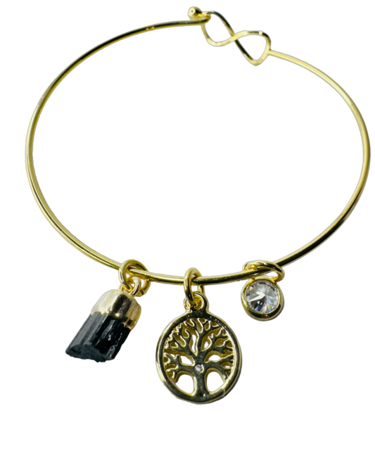 Natural Stone Trio Bracelet - Turmalina Negra (Black Tourmaline), Zirconia Ponto de Luz (Zirconia Point of Light) & Árvore da Vida (Tree of life) charm - Gold Plated