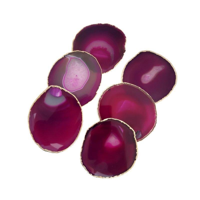 WINE GLASS HOLDER PINK AGATE STONE WITH GOLDEN BORDER (KIT OF 6) (09040026)