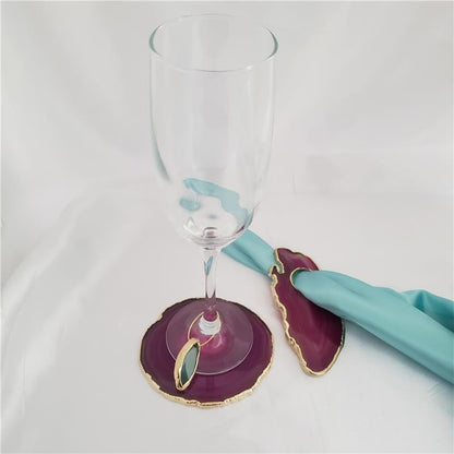 WINE GLASS HOLDER PINK AGATE STONE WITH GOLDEN BORDER (KIT OF 6) (09040026)