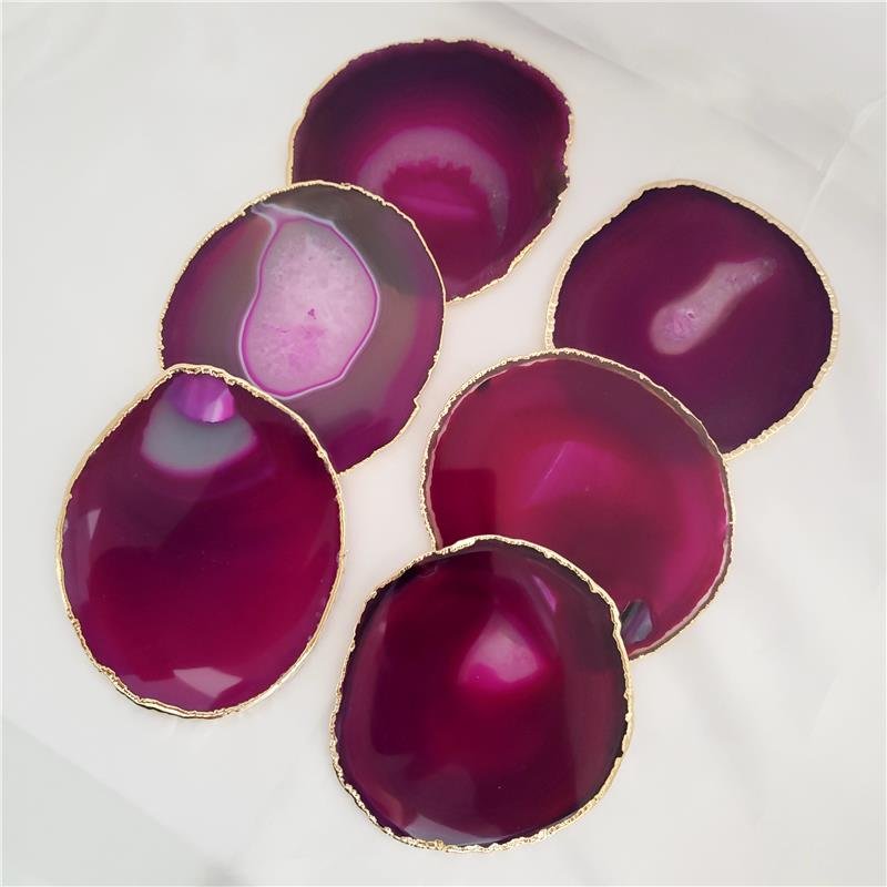 WINE GLASS HOLDER PINK AGATE STONE WITH GOLDEN BORDER (KIT OF 6) (09040026)